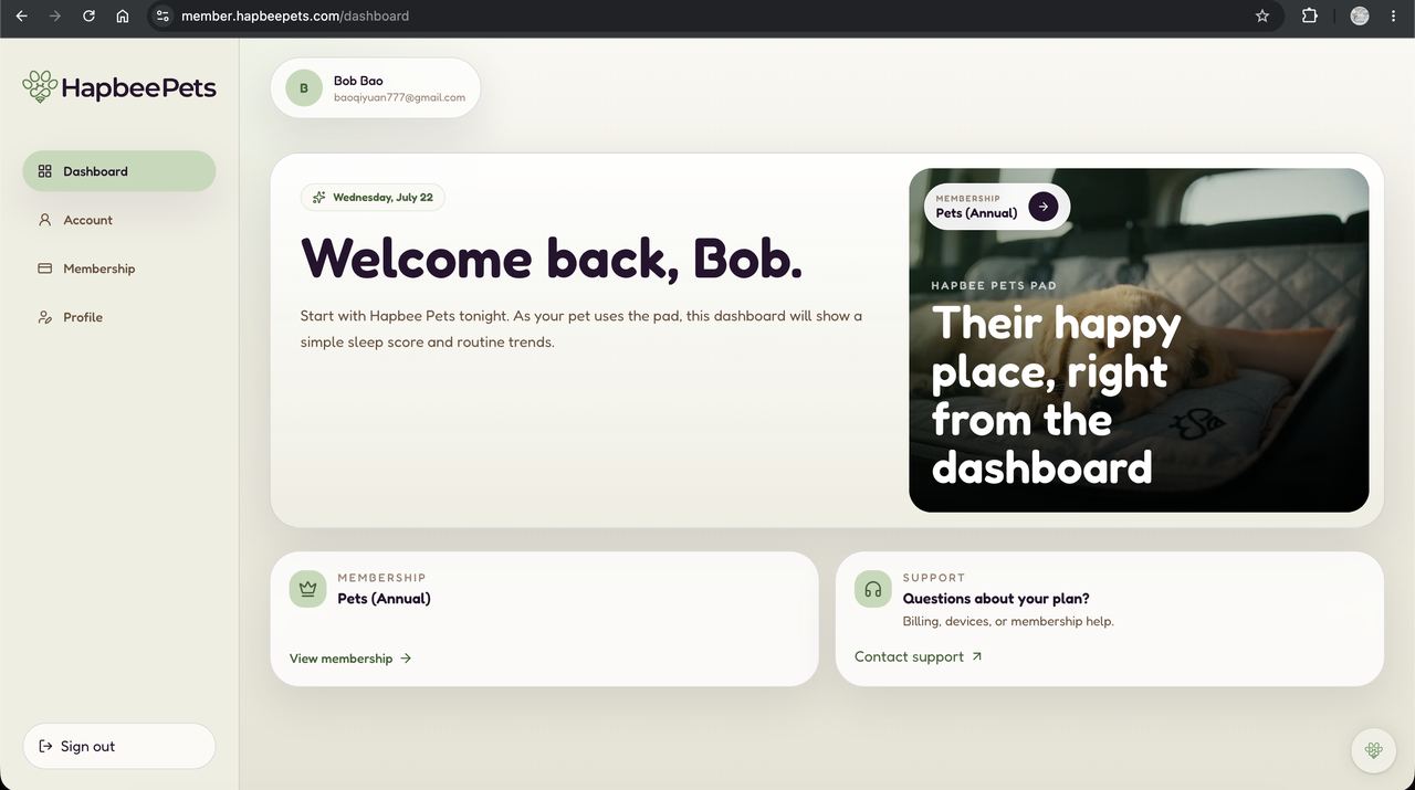 Hapbee Pets membership portal